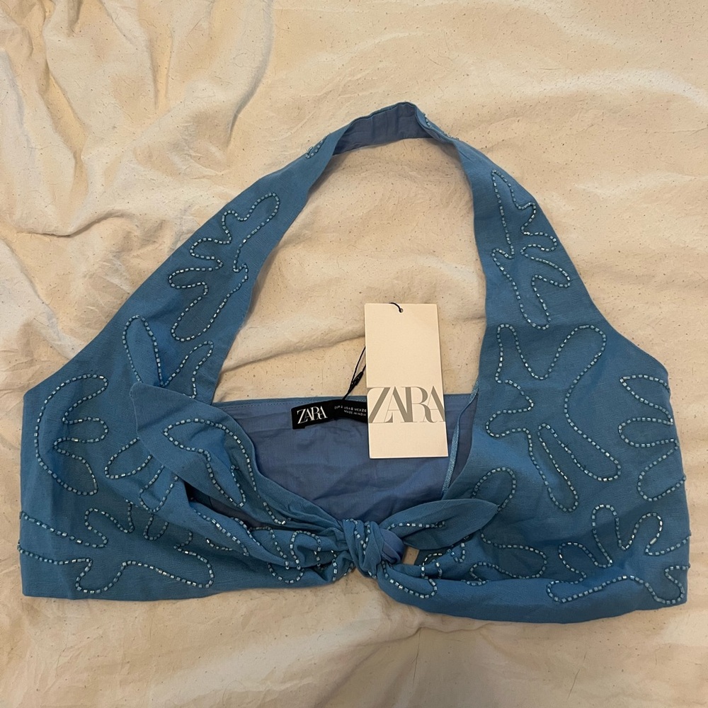 Zara, blue front tie crop top, size small